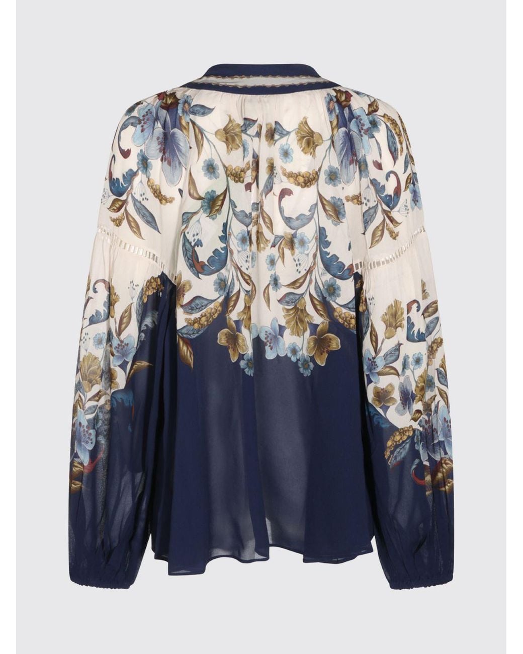 Farm Rio Blue Floral Print Viscose Blouse With Pussy-Bow Collar And Long Sleeves