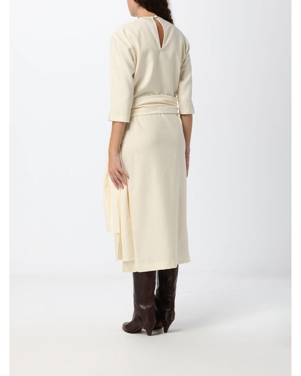 Crida Milano Natural Gertrude Wool Midi Sheath Dress With Long Sleeves And Waist Belt