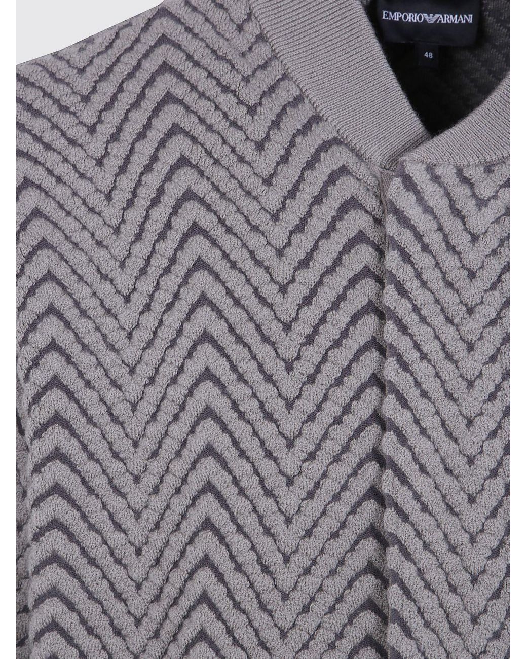 Emporio Armani Gray Zig-Zag Pattern Virgin Wool Bomber Jacket With Ribbed Collar for men