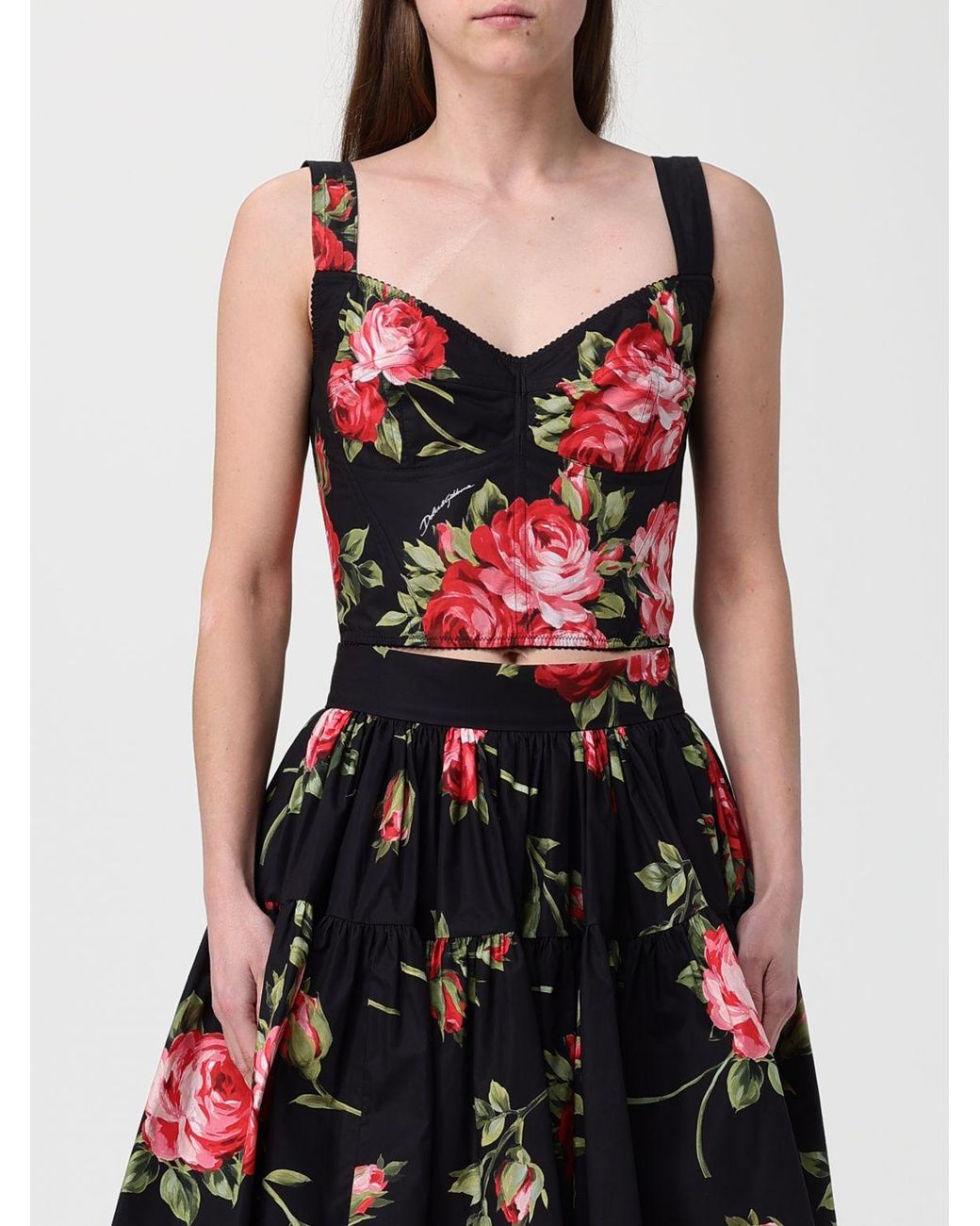 Dolce & Gabbana Red Dolce &Amp Gabbana Floral Cotton Blend Corset Top