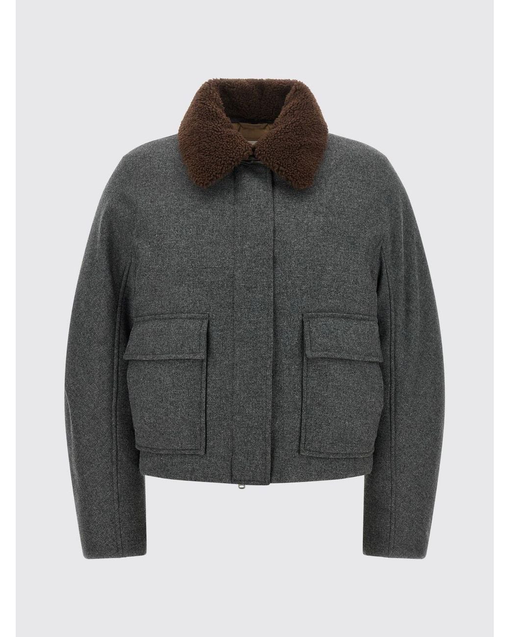 Brunello Cucinelli Gray Short Virgin Wool And Cashmere Coat With Fur Collar