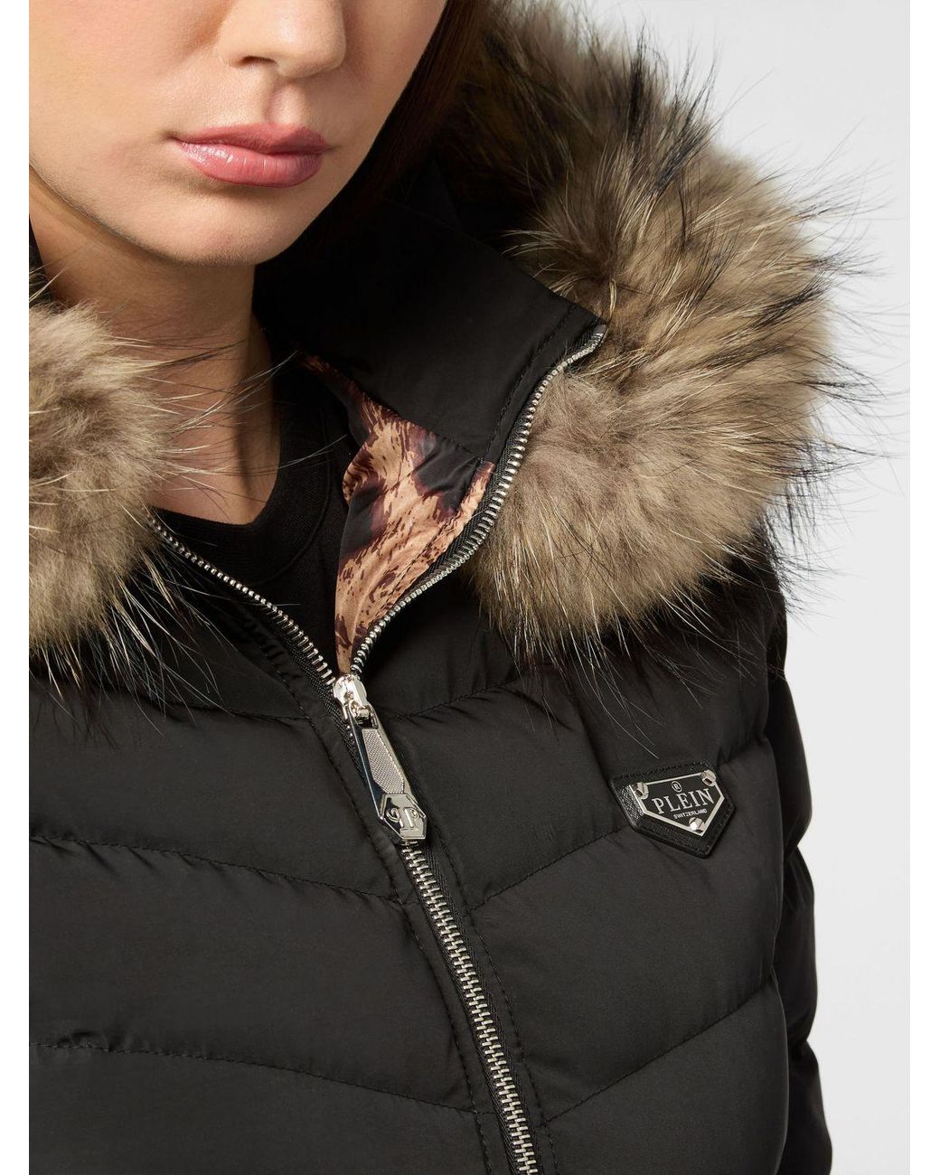 Philipp Plein Black Slim Fit Quilted Nylon Puffer Jacket With Hood And Fur Collar