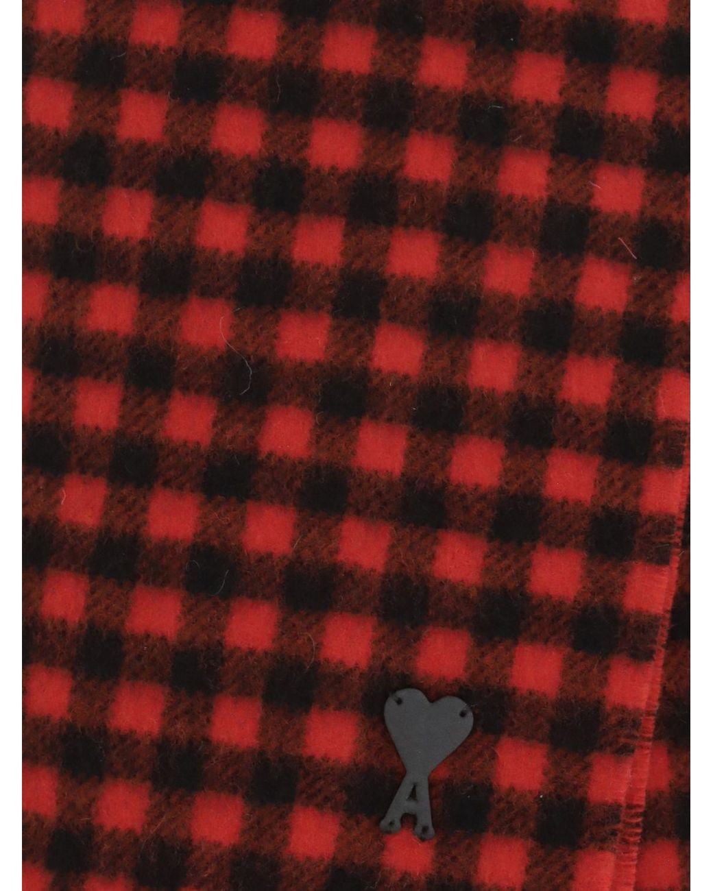 AMI Red Check Merino Wool Scarf With Logo And Fringes for men