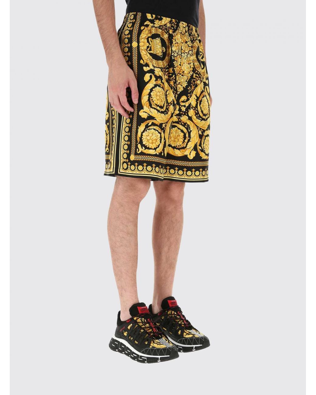 Versace Yellow Silk Jogging Shorts With Baroque Print And Regular Fit for men