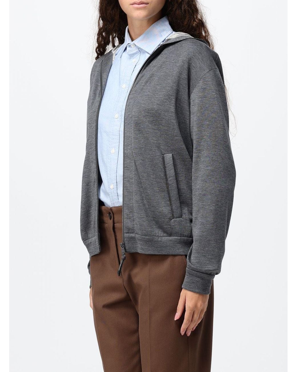 Brunello Cucinelli Gray Cotton And Silk Blend Hooded Zip-Up Sweatshirt