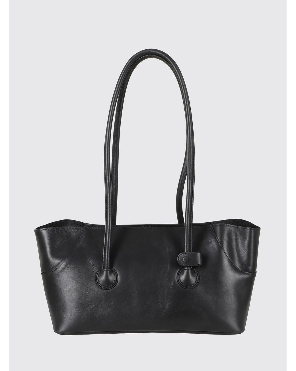 MARGE SHERWOOD Black Boat Leather Shoulder Bag With Double Handle And Embossed Logo