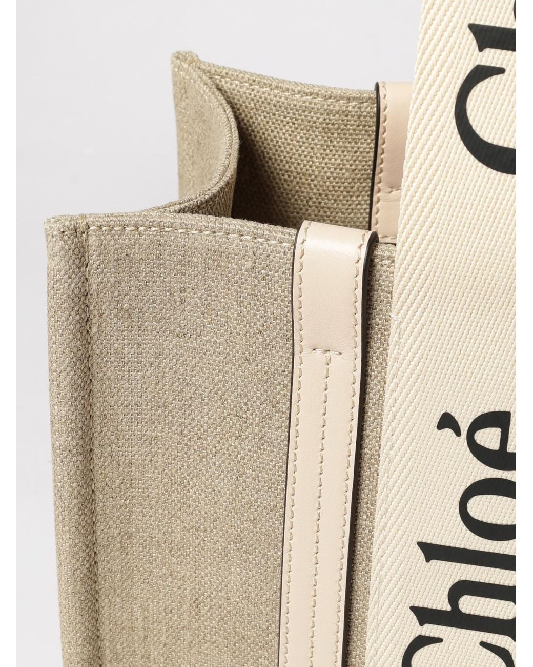 Chloé Natural ChloÉ Woody Linen Tote Bag With Printed Logo And Double Handle