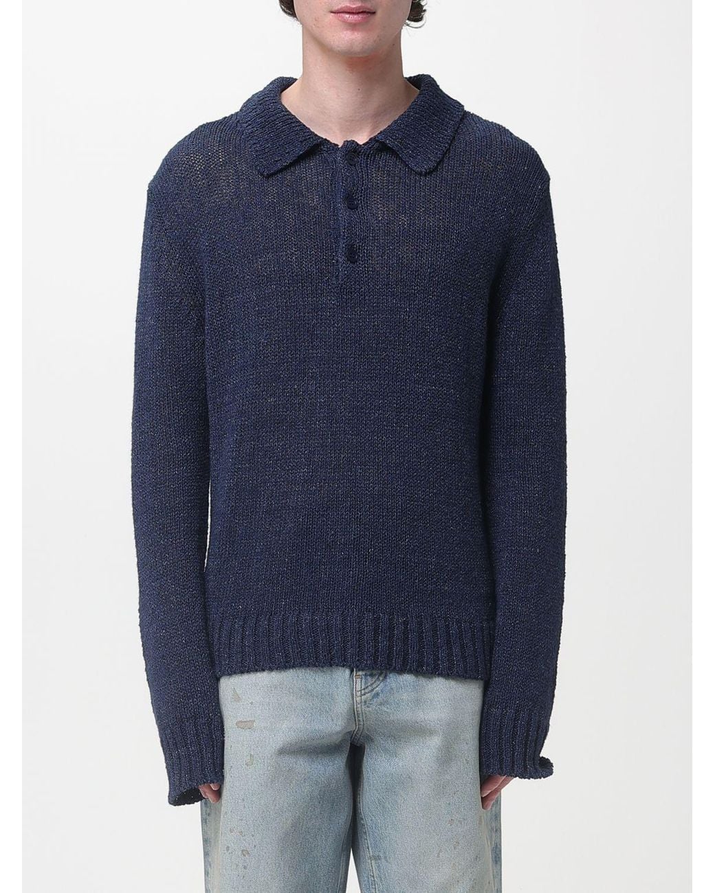sunflower Blue Cotton And Linen Knit Polo Shirt for men