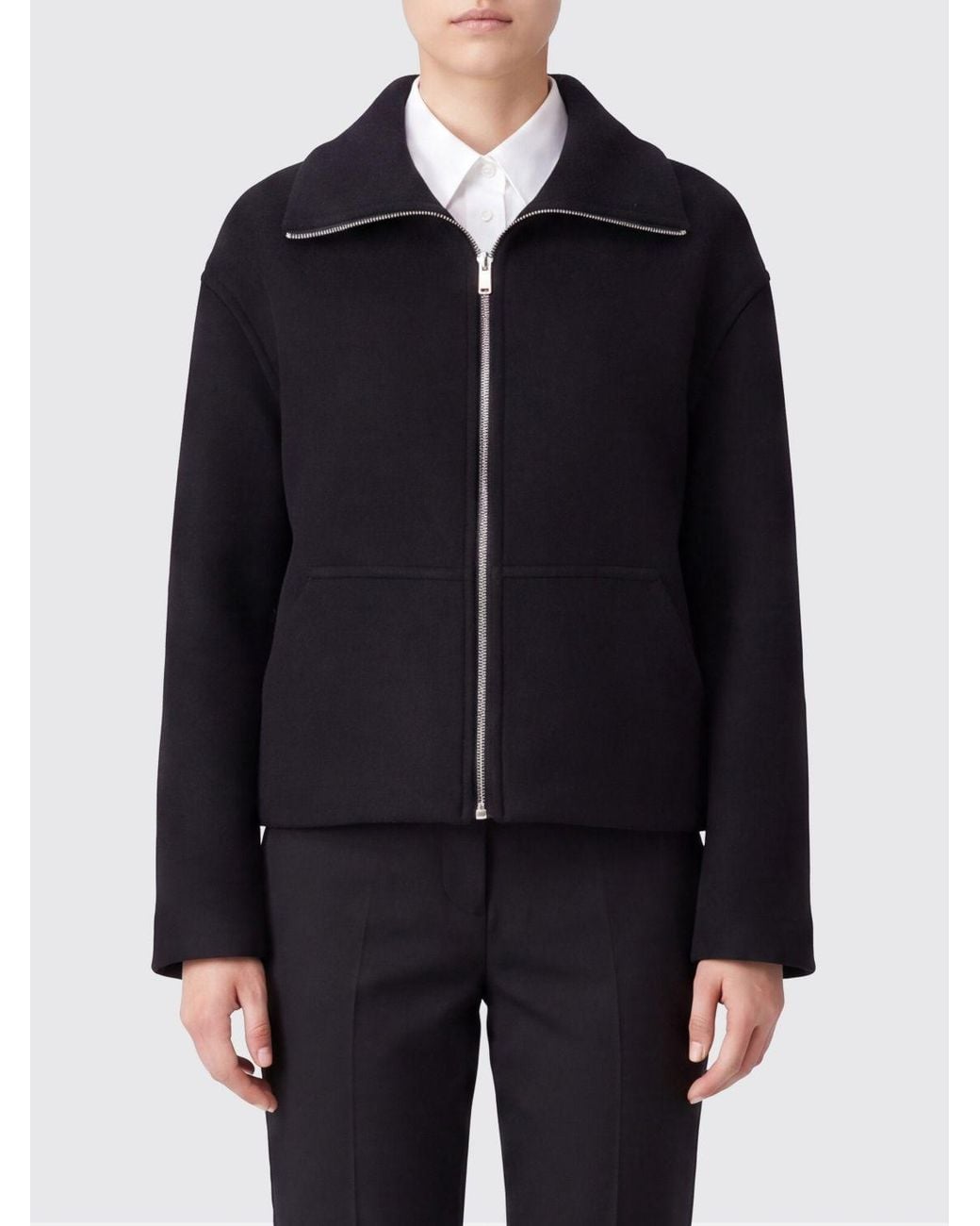 Semicouture Blue Virgin Wool Short Coat With High Collar And Kangaroo Pocket