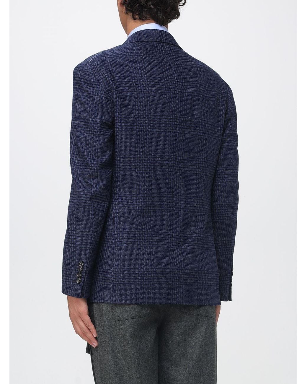 Brunello Cucinelli Blue Single-Breasted Houndstooth Wool Blazer for men