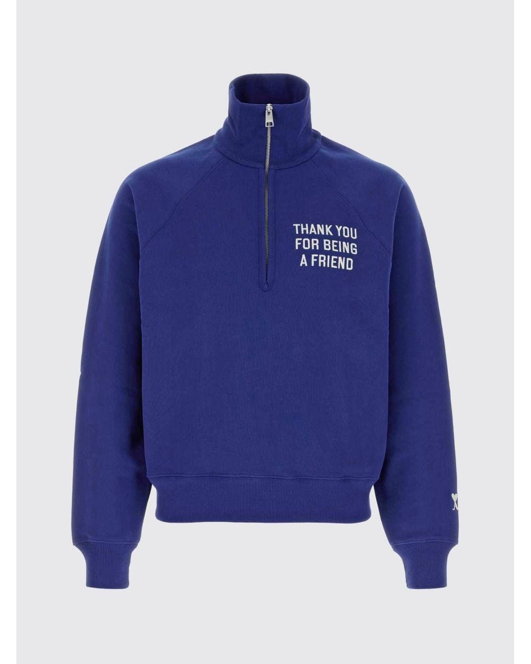 AMI Blue Cotton Half-Zip Sweatshirt With High Neck And Slogan Print for men
