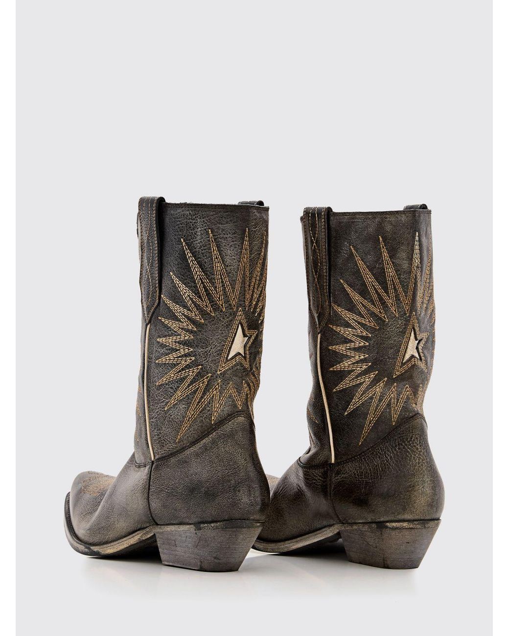 Golden Goose Deluxe Brand Gray Wish Star Distressed Leather Cowboy Boots With Star Embroidery