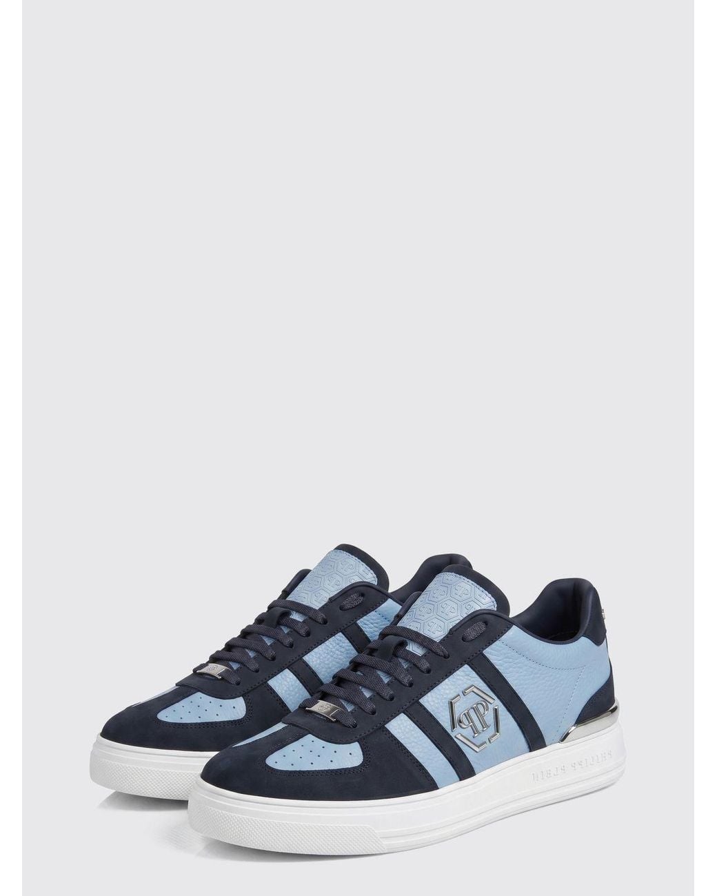 Philipp Plein Blue Low-Top Leather Trainers With Hexagon Logo And Round Toe for men