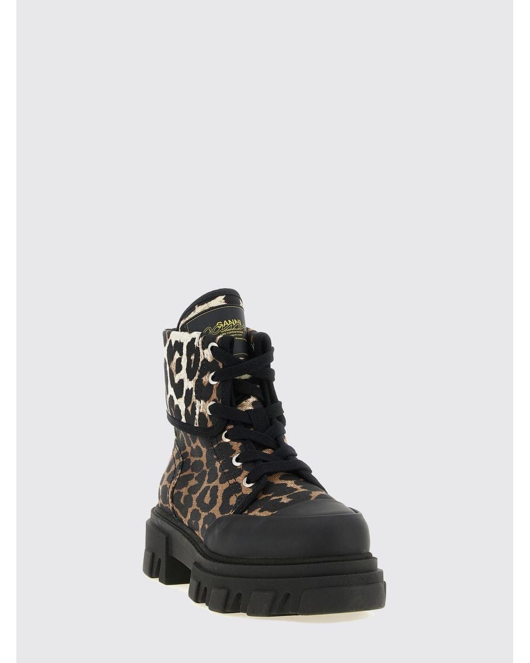 Ganni Black Animalier Print Organic Cotton Lace-Up Combat Boots With Lug Sole