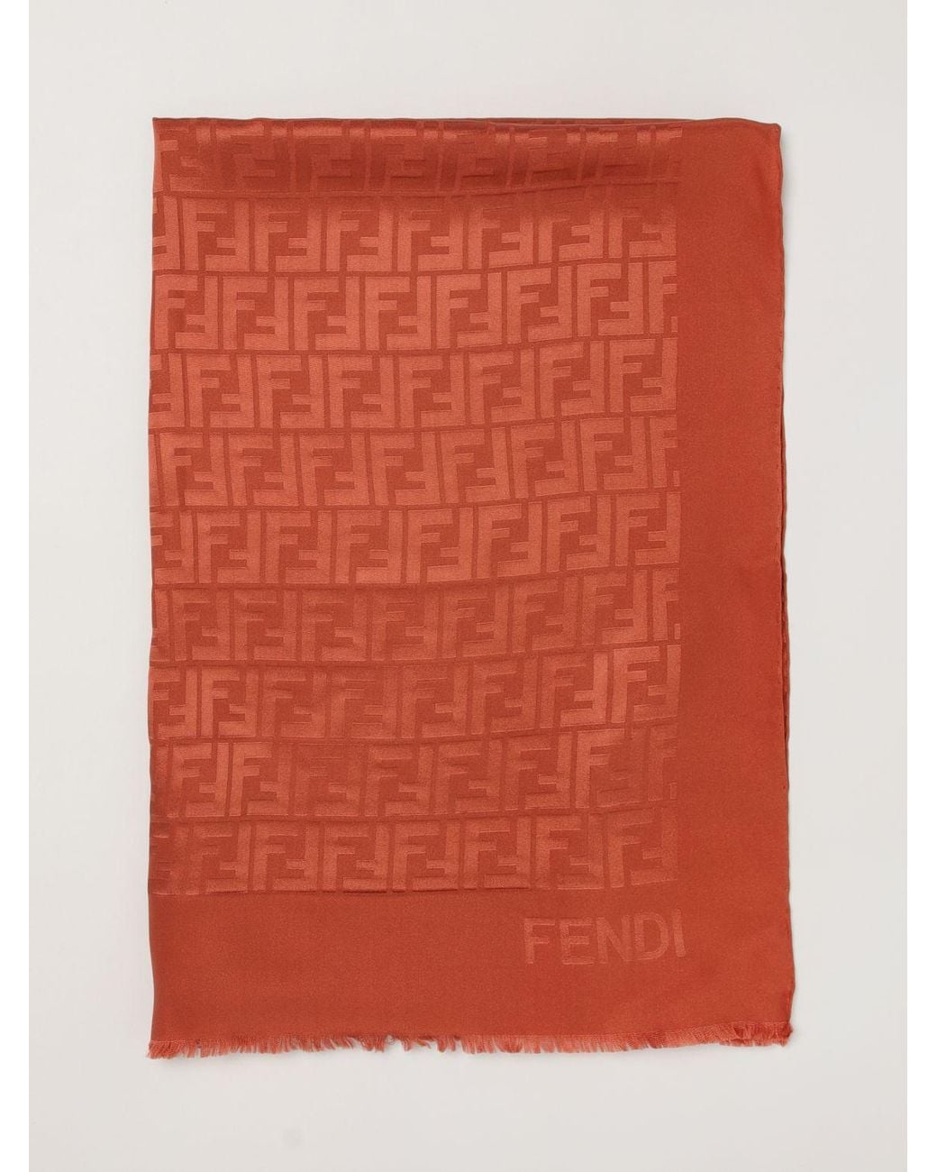 Fendi Orange Silk Scarf With Jacquard Ff Monogram And Fringed Edges