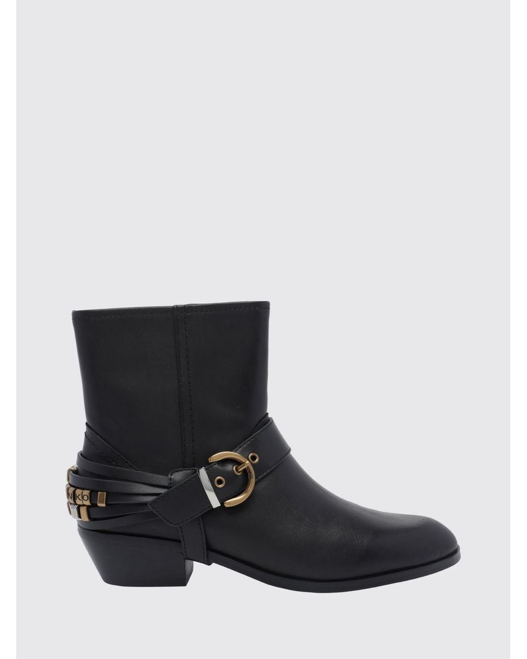Pinko Black Low-Shaft Smooth Leather Western Boots With Embroidery And Pointed Toe