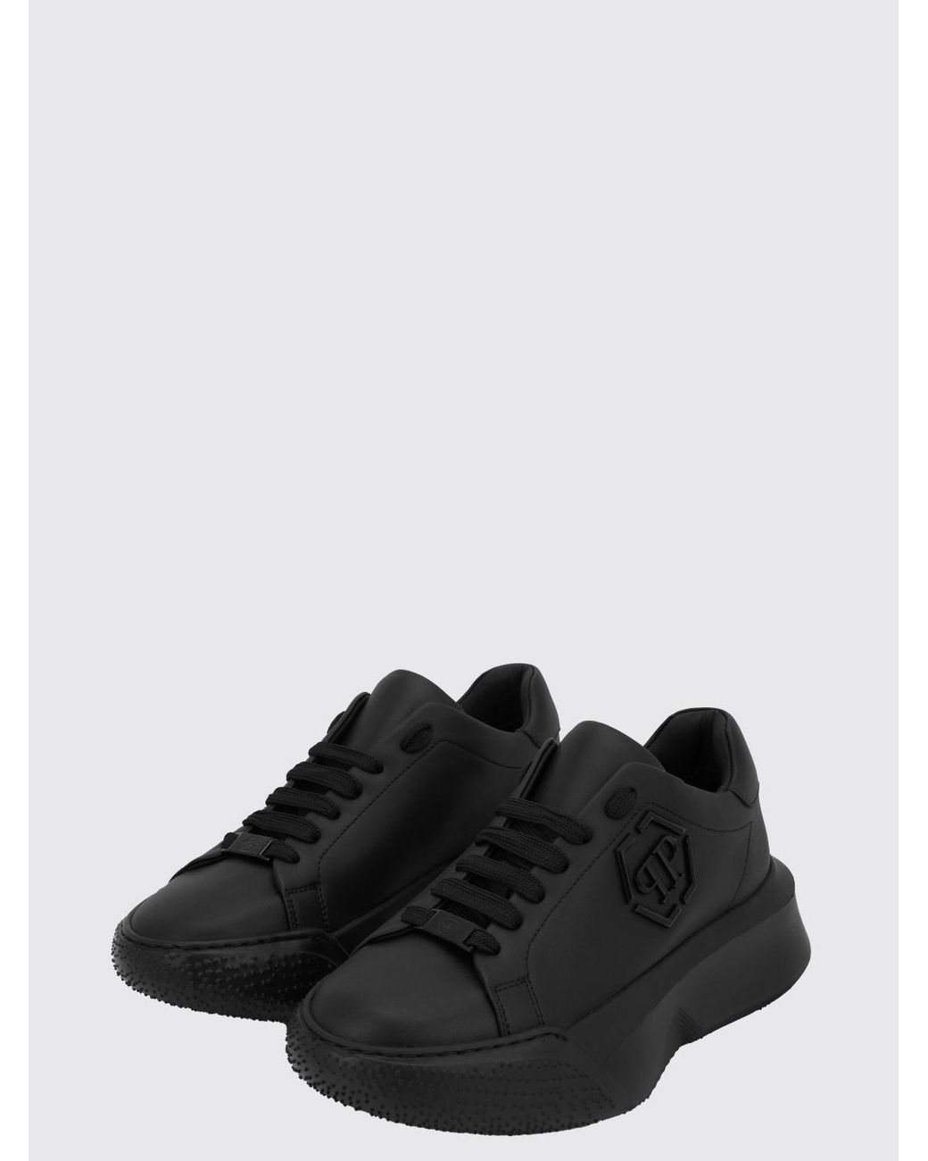 Philipp Plein Black Low-Top Leather Sneakers With Hexagon Logo And Platform Sole for men