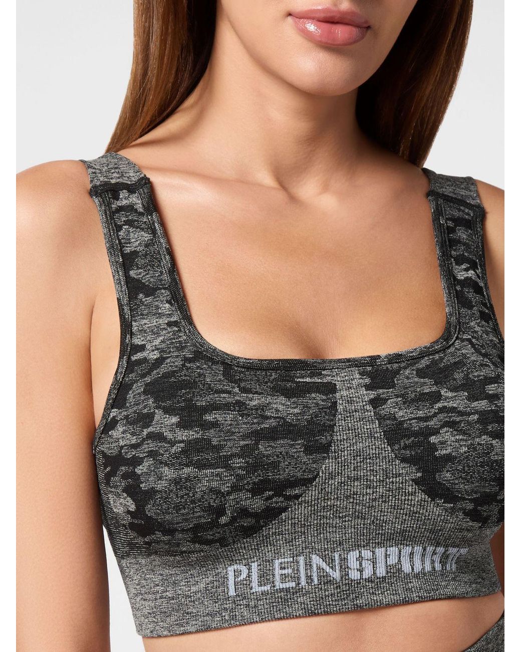Philipp Plein Black Camouflage Print Cropped Jersey Sports Top With Thin Straps
