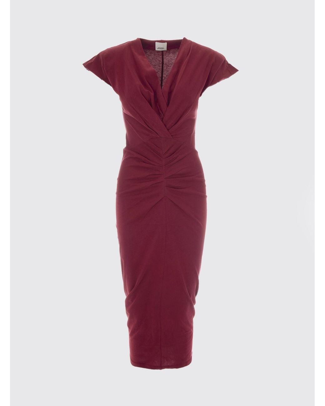 Isabel Marant Red Draped V-Neck Viscose Midi Sheath Dress