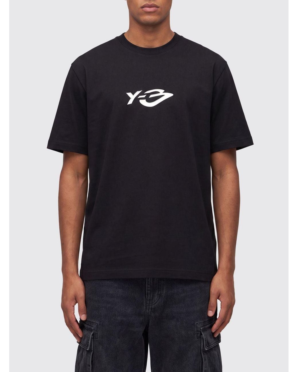 Y-3 Black Cotton Crewneck T-Shirt With Contrast Logo Print On The Back for men