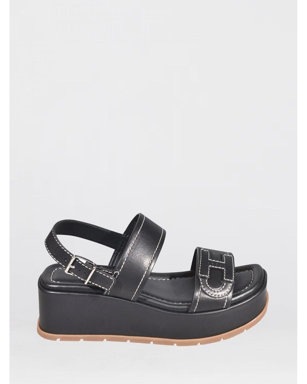 Hogan Black H703 Leather Wedge Sandals With Embroidered H Logo