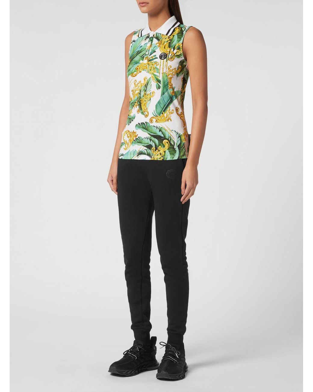 Philipp Plein Green Sleeveless Cotton Polo Shirt With All-Over Baroque Print