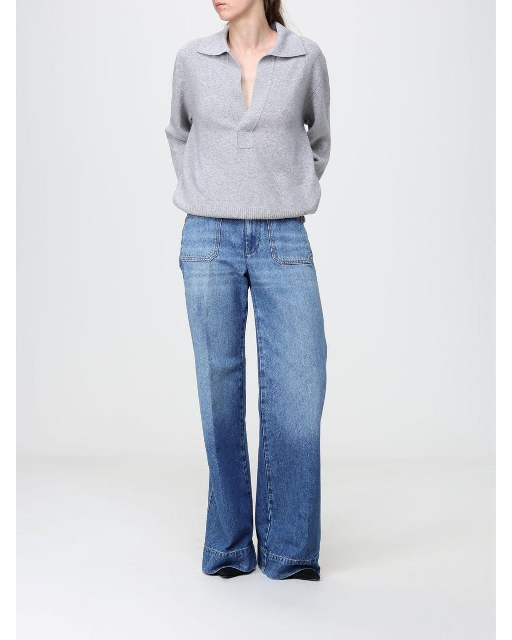 Victoria Beckham Gray V-Neck Merino Wool And Cashmere Blend Knit Polo