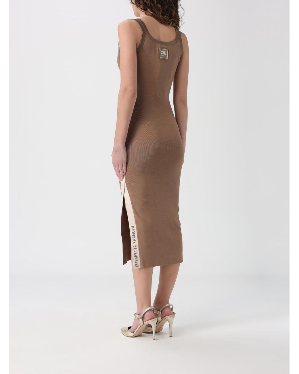 Elisabetta Franchi Natural Knit Dress With Shiny Viscose Bands