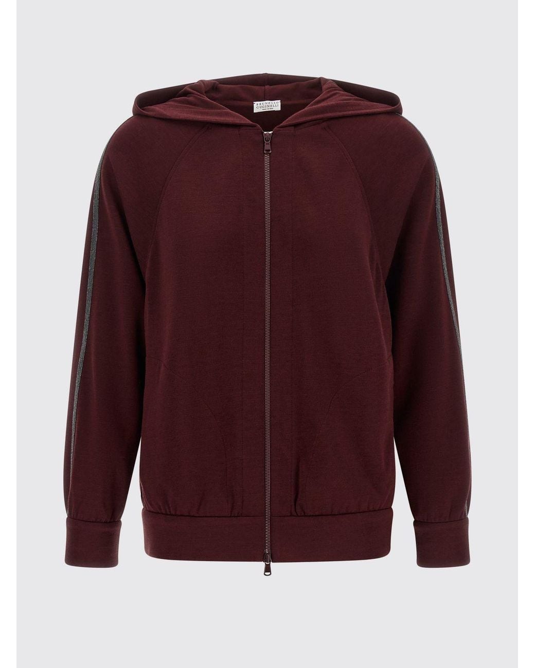 Brunello Cucinelli Red Cotton And Silk Zip-Up Hoodie With Monili Embellishment