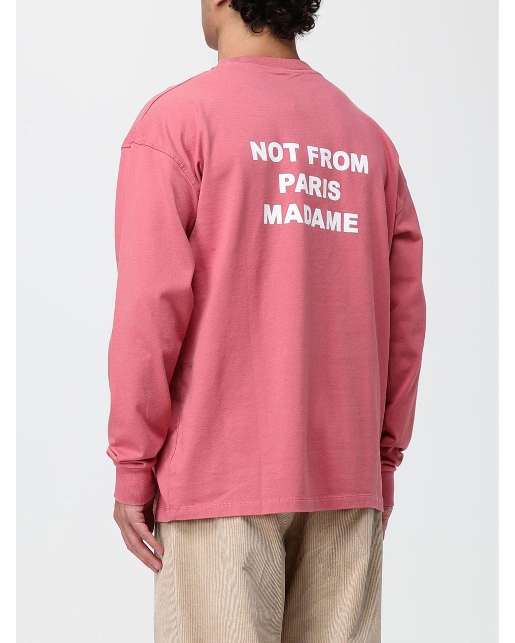 Drole de Monsieur Pink Slogan Print Long-Sleeved Cotton T-Shirt for men