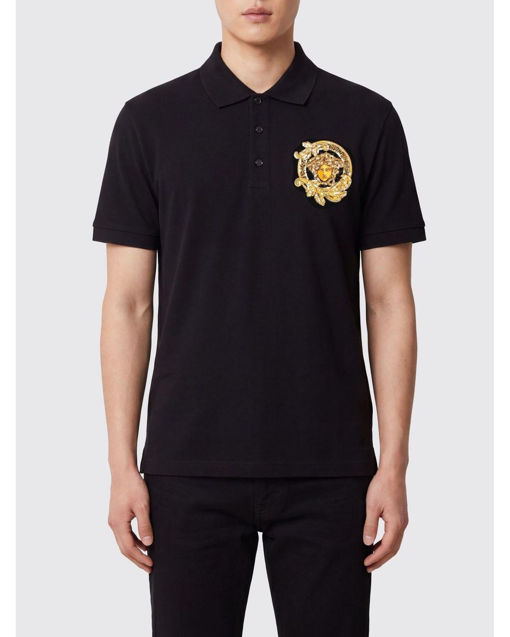 Versace Black Short-Sleeved Cotton Polo Shirt With Contrast Medusa Logo for men