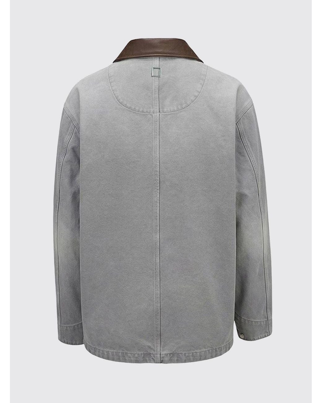 Wooyoungmi Gray Cotton Denim Jacket With Leather Collar And Dropped Shoulders for men