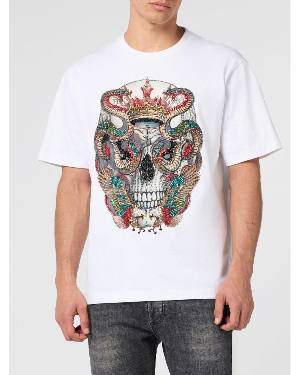 Philipp Plein White Cotton Jersey T-Shirt With Embroidered Skull And Beads for men