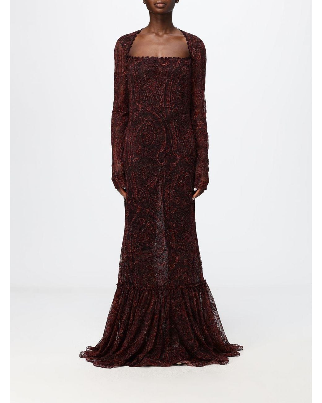 Etro Red Paisley Print Long Evening Gown With Train