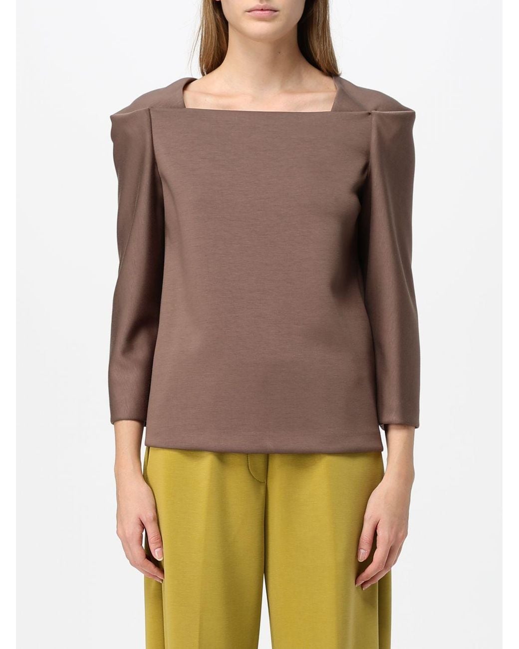 MEIMEIJ Brown Long-Sleeved Crêpe Top With A Square Neckline