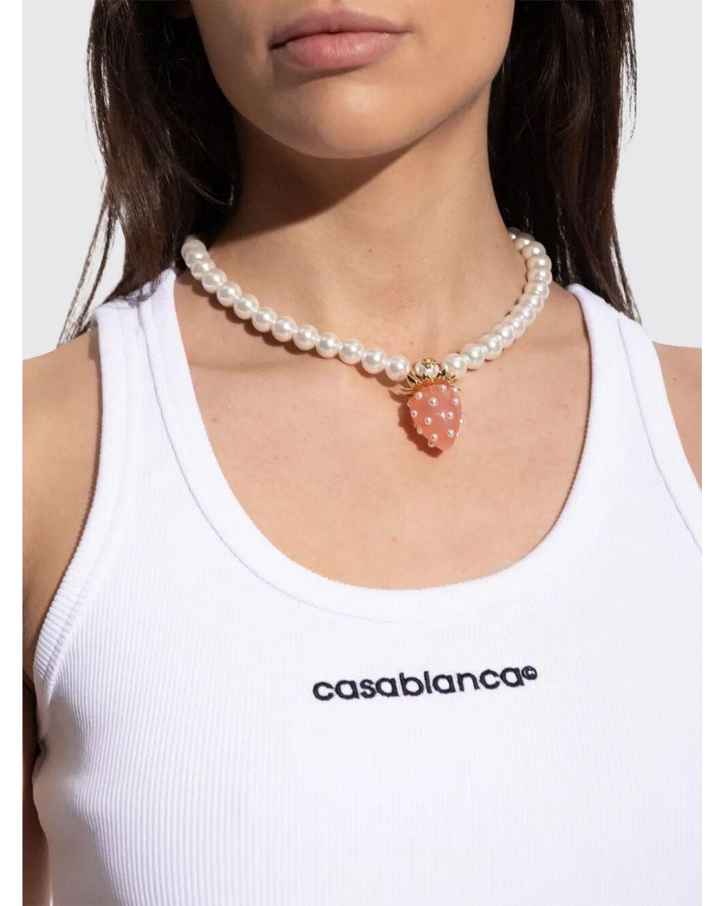 Casablanca White Strawberry Brass Necklace With Synthetic Pearls And Pendant