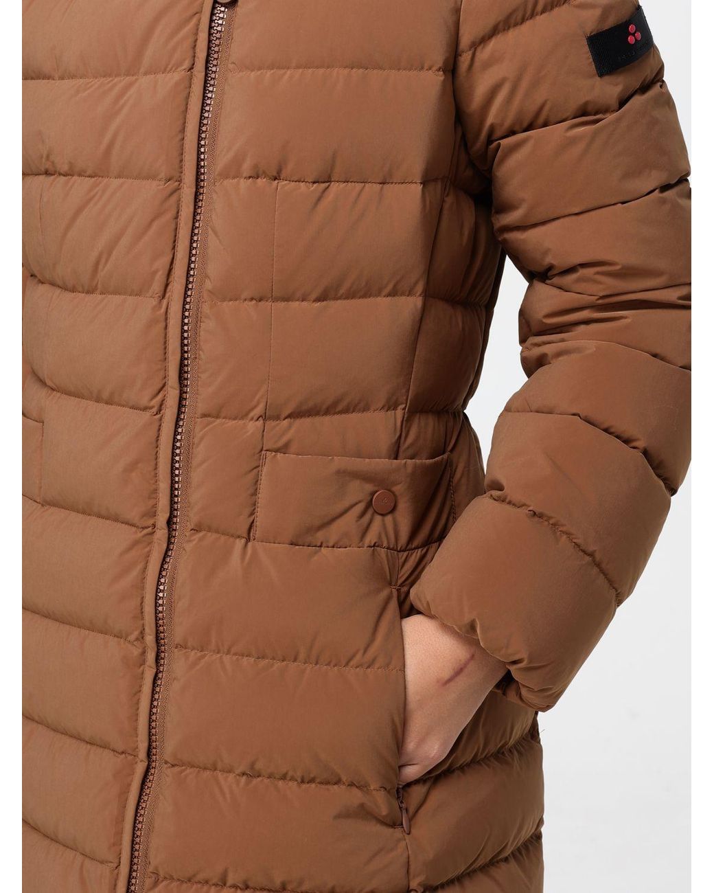 Peuterey Brown Knee-Length Quilted Nylon Down Jacket With Shearling Hood