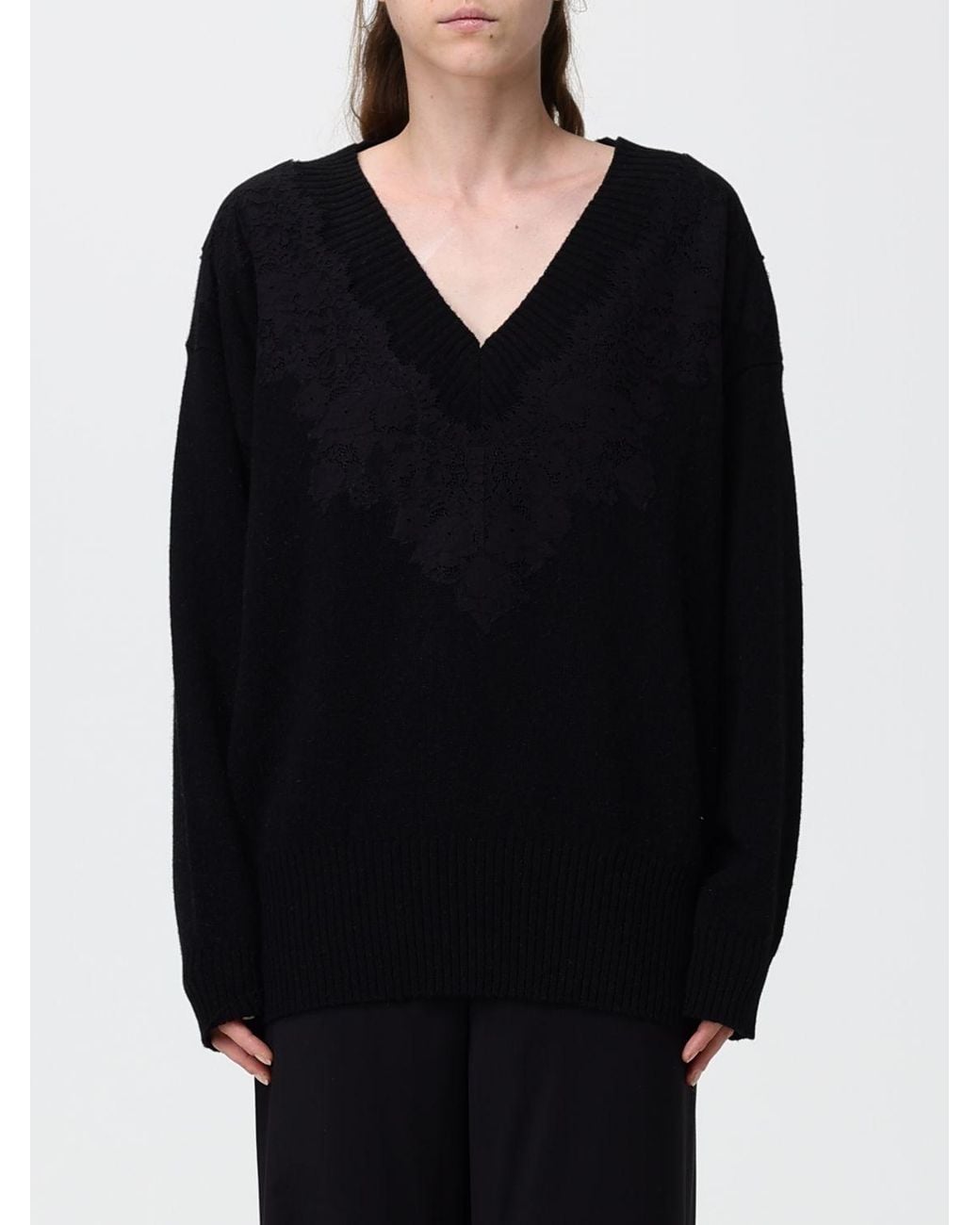 Alberta Ferretti Black V-Neck Jumper With Lace Inserts