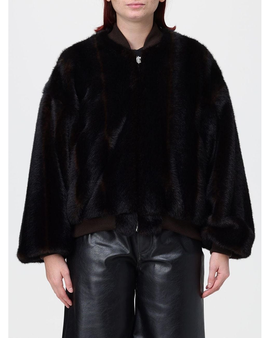 MM6 by Maison Margiela Black Cropped Faux Fur Jacket With Bomber Collar