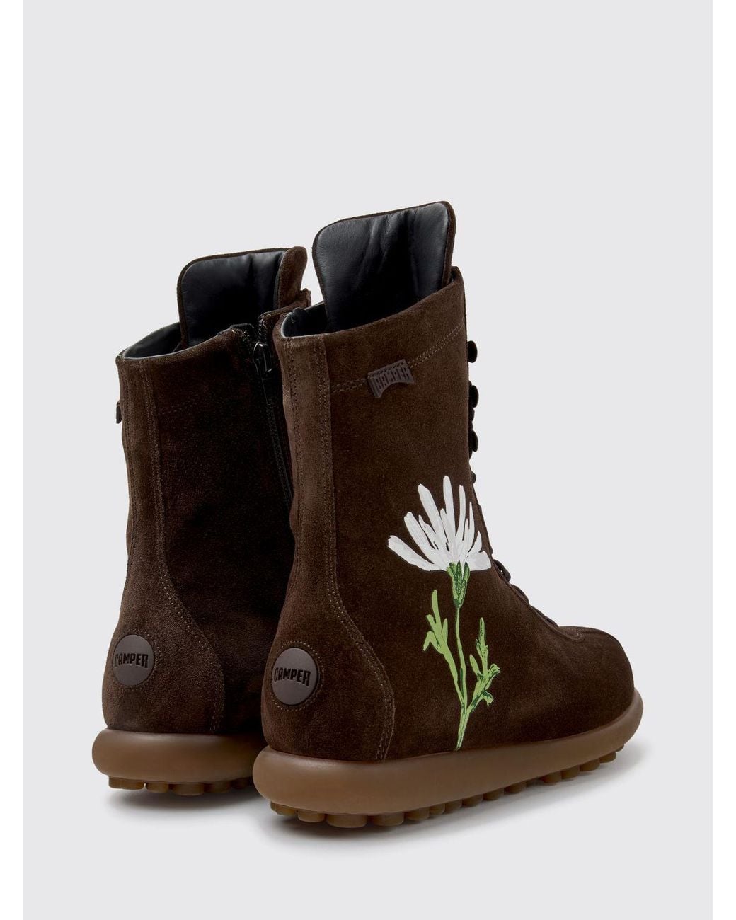 Camper Brown Twins Floral Print Suede Combat Boots With Zip Closure