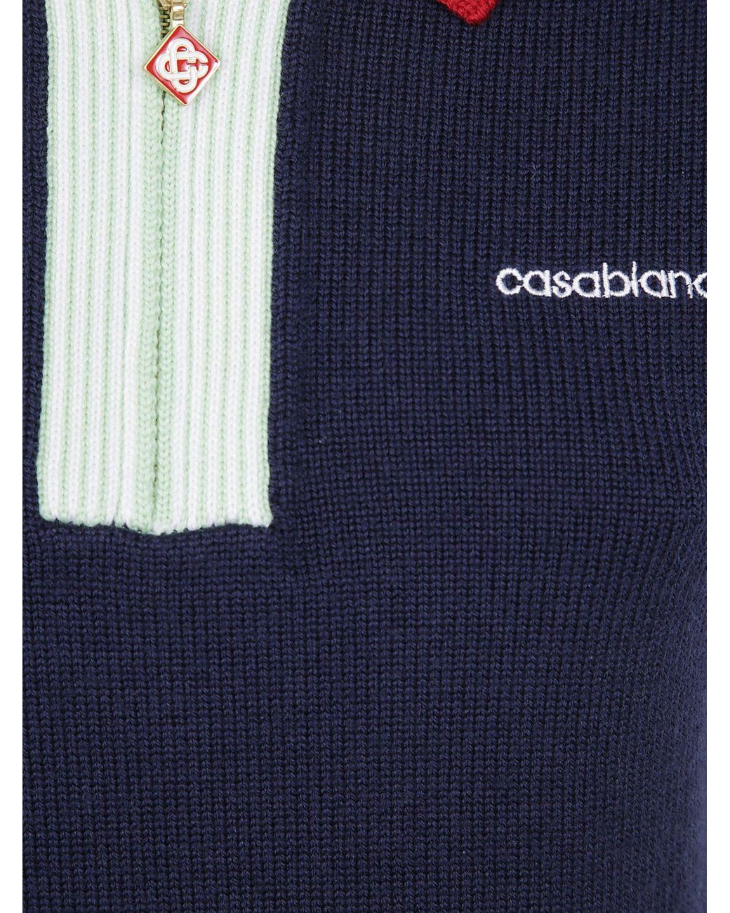 Casablanca Blue Wool Knit Polo Shirt With Zip And Contrast Trims