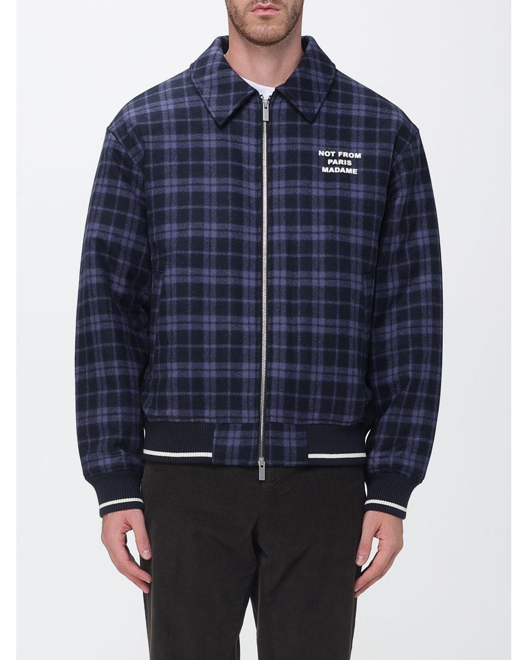 Drole de Monsieur Blue Tartan Pattern Wool Blend Shirt Jacket for men