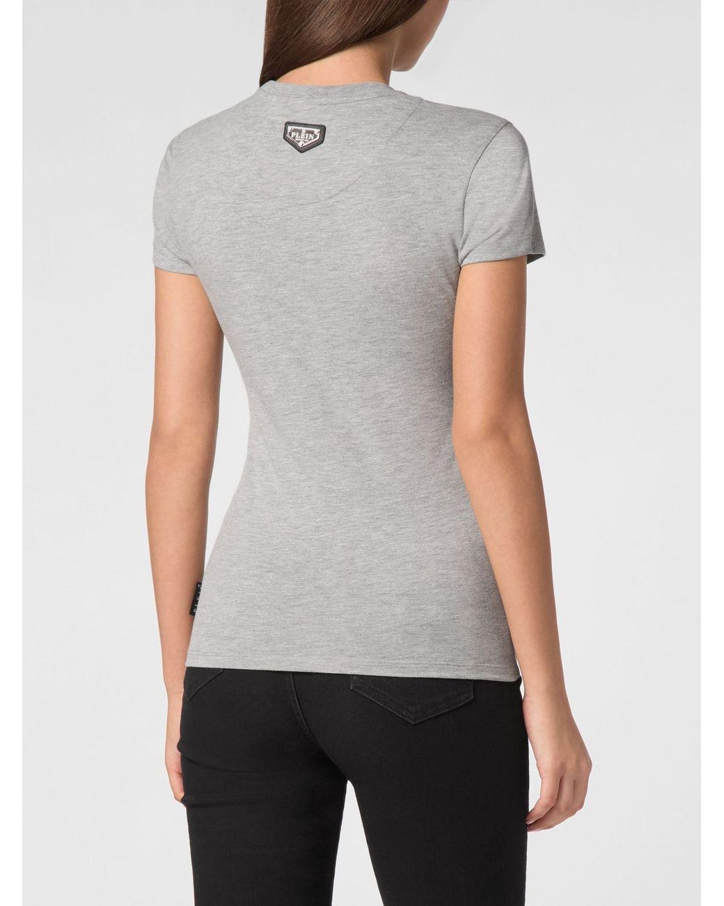 Philipp Plein Gray Jersey T-Shirt With Slogan Print And Rhinestone Embellishments