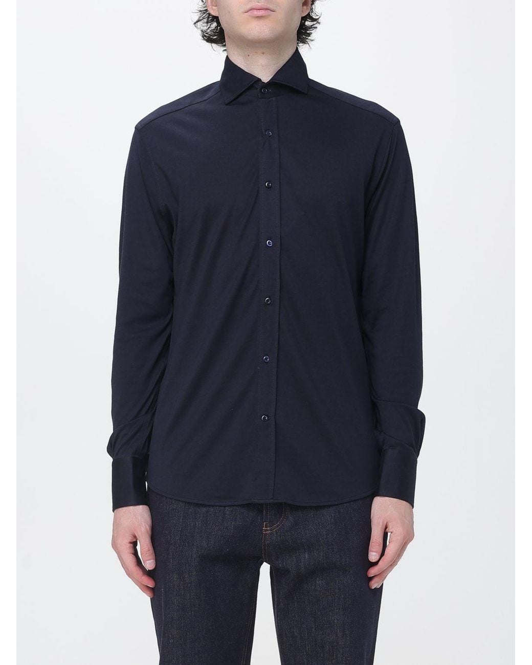 Brunello Cucinelli Blue Slim Fit Cotton And Silk Shirt With French Collar for men
