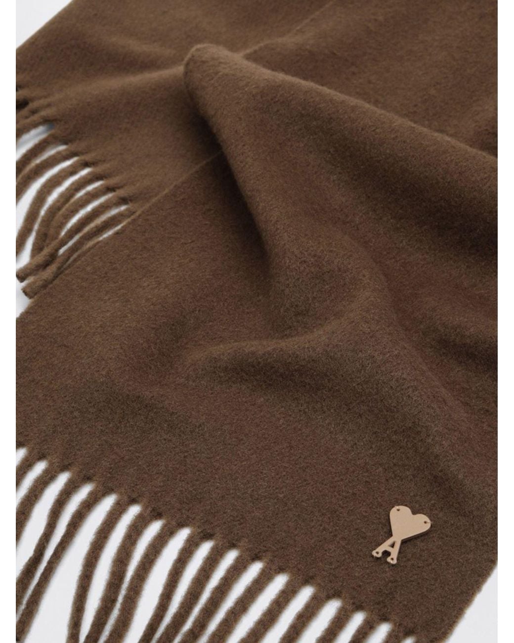AMI Brown Rectangular Pure Wool Scarf With Logo And Fringed Hem for men