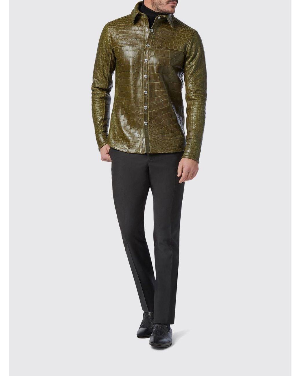 Billionaire Green Crocodile Print Leather Shirt for men