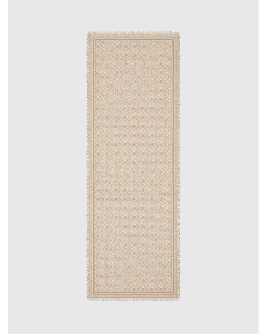 Tory Burch Natural Monogram Wool And Silk Blend Scarf With Fringed Edges