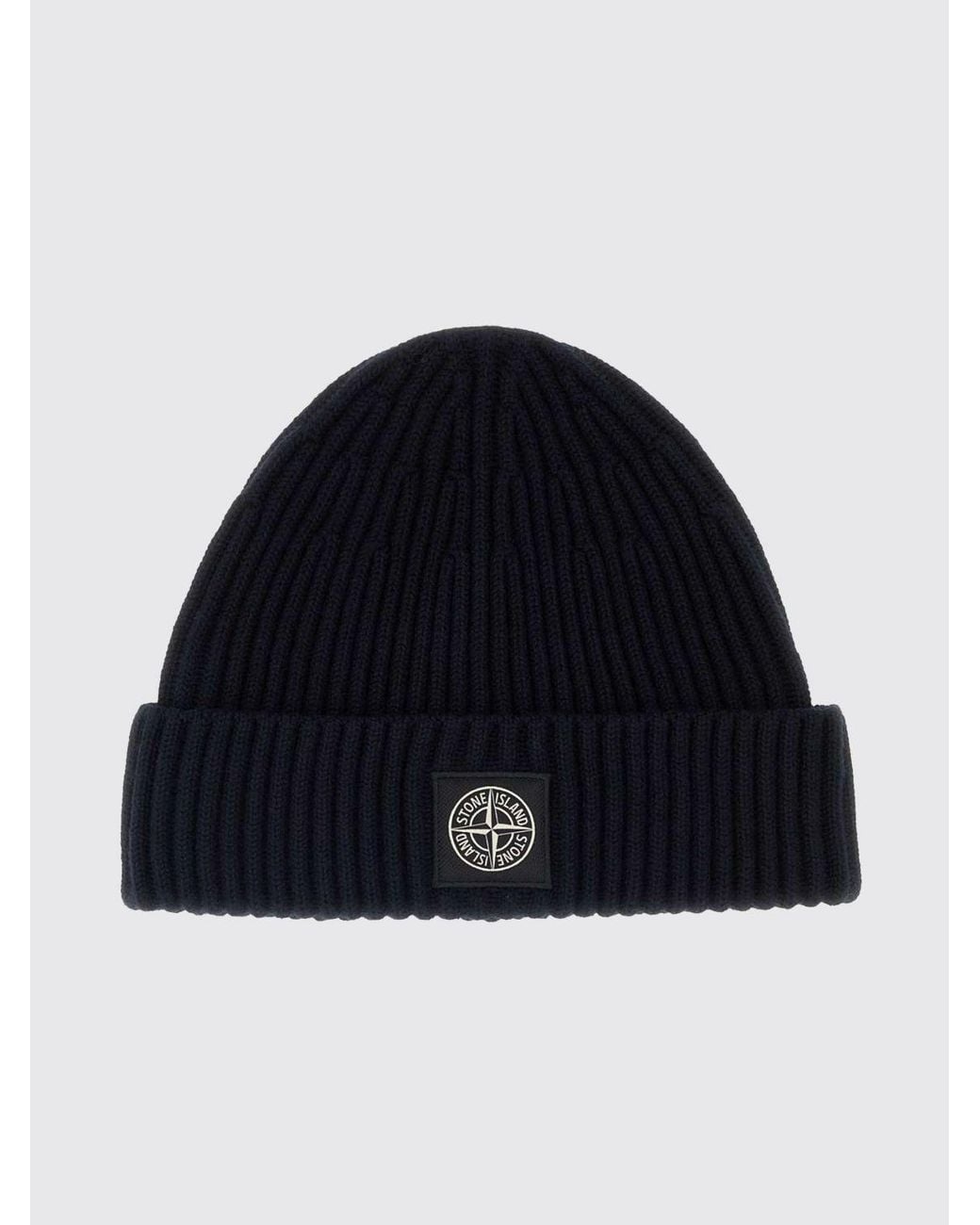 Stone Island Blue Ribbed Rws Virgin Wool Beanie Hat With Compass Logo Patch for men