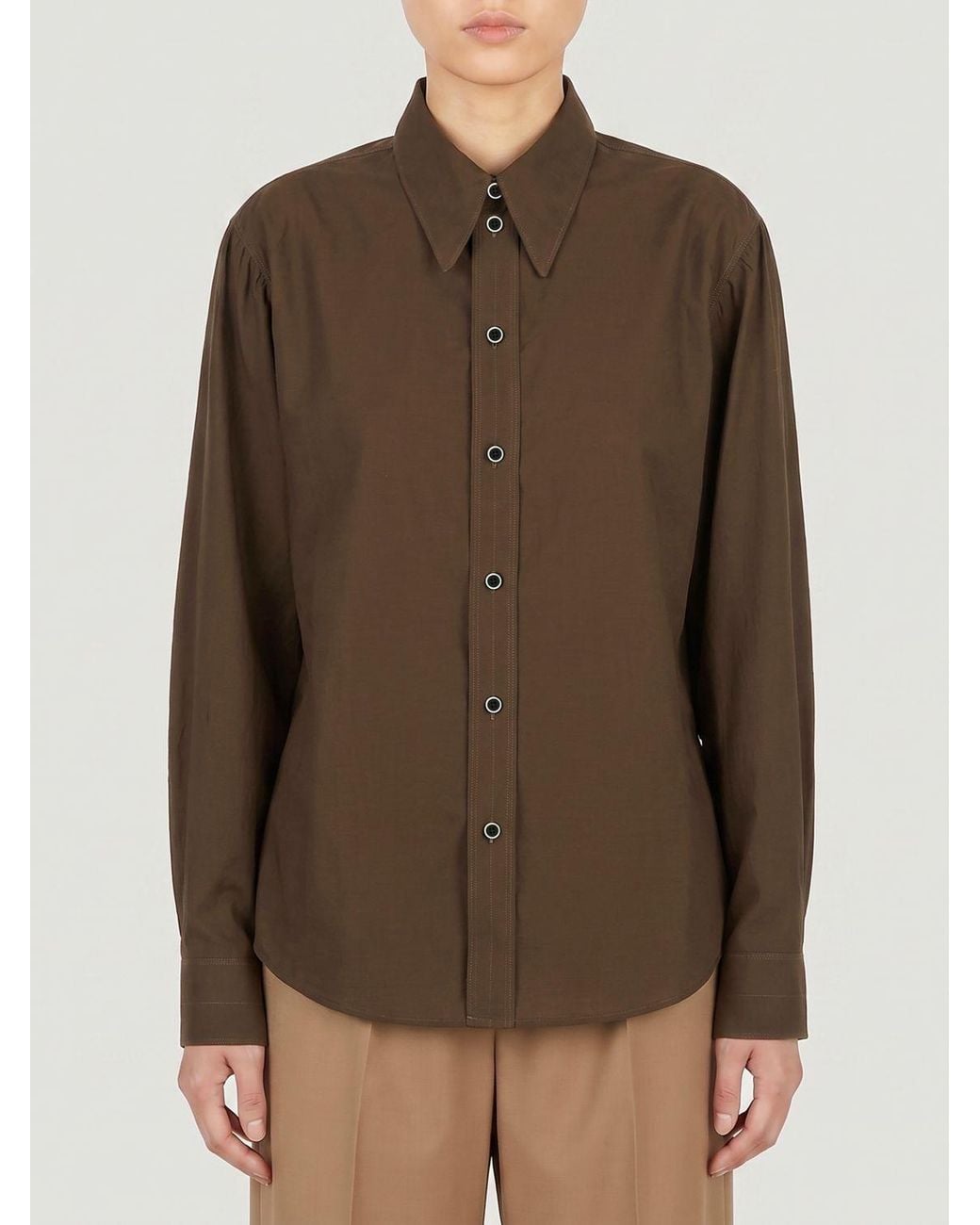 Lemaire Brown Long-Sleeved Cotton And Silk Blend Shirt With Curved Hem