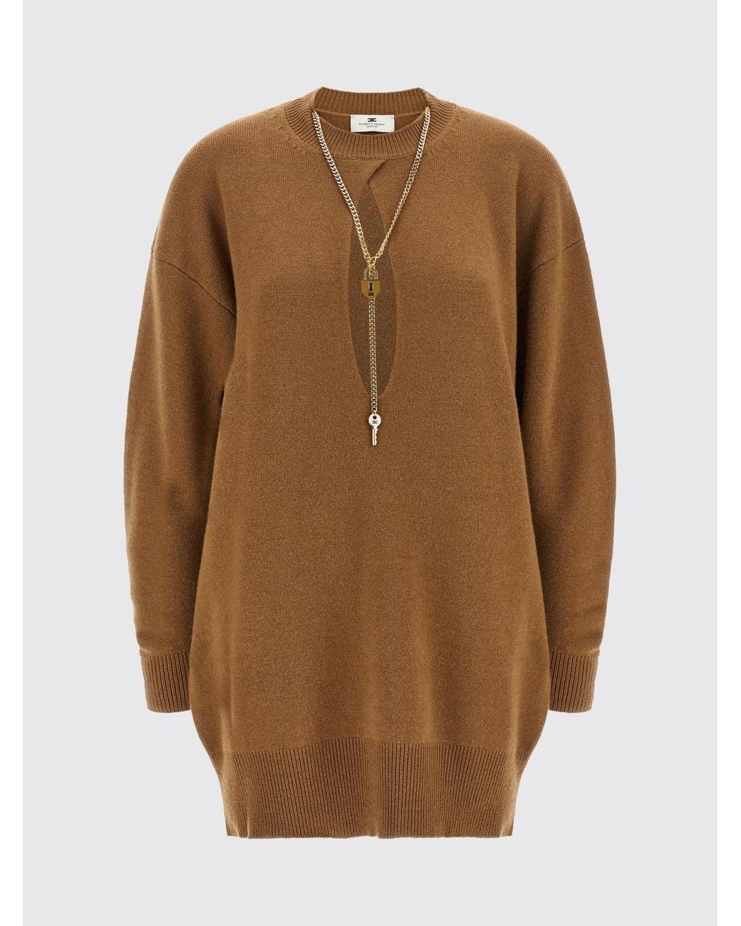 Elisabetta Franchi Brown Jewelled Cut-Out Knit Mini Dress